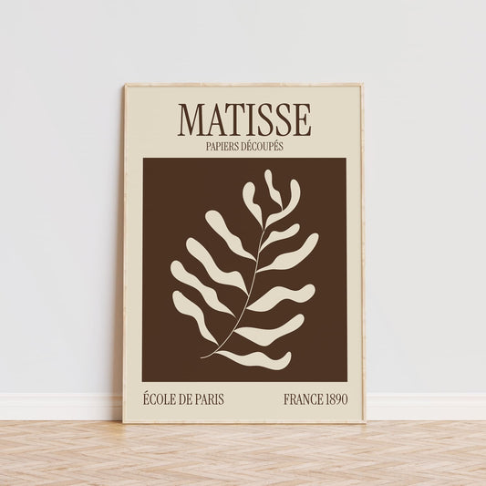 Cuadro en blanco y marrón, diseño botánico estilo Matisse para decoración de interiores.