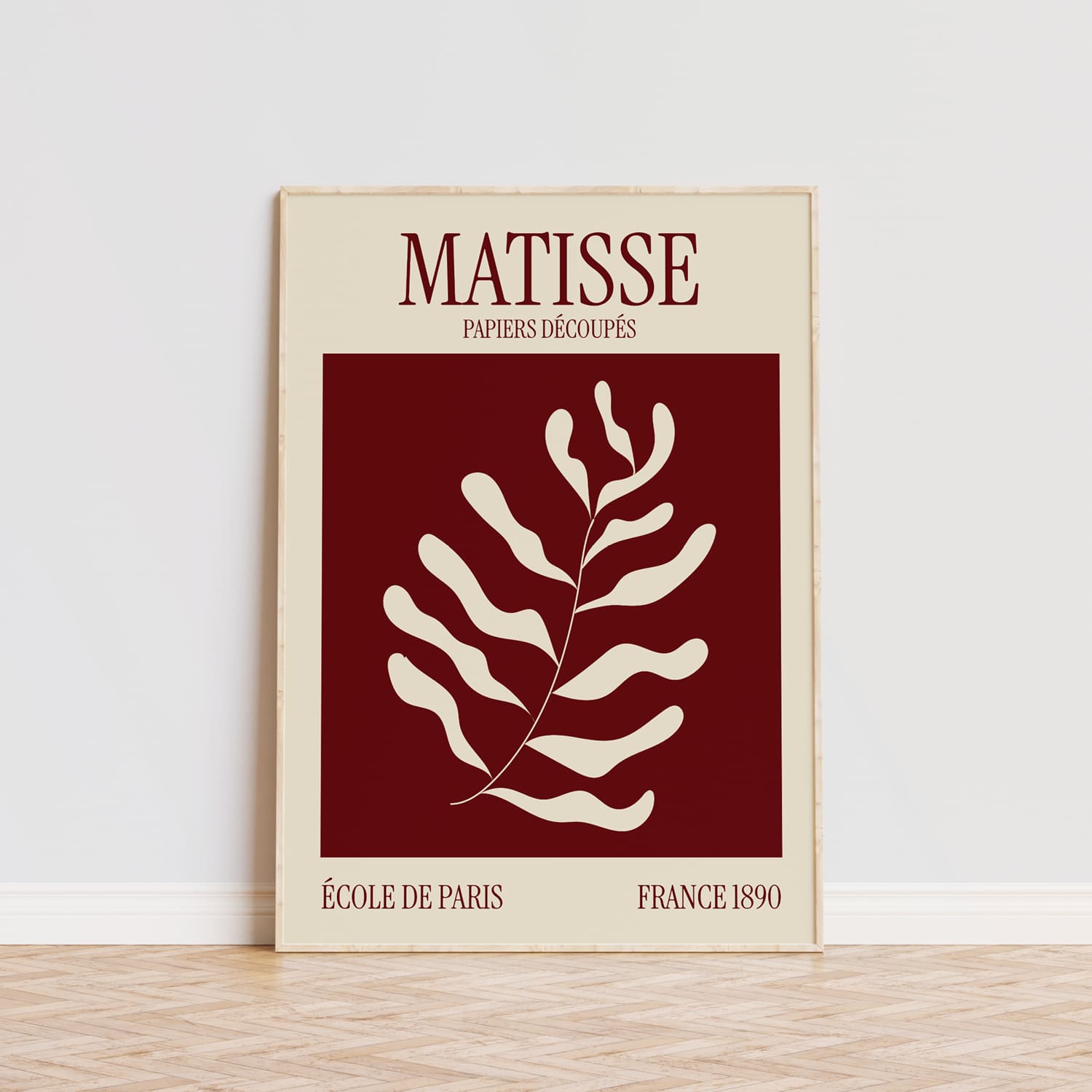 Cuadro en blanco y burdeos, diseño botánico estilo Matisse para decoración de interiores.