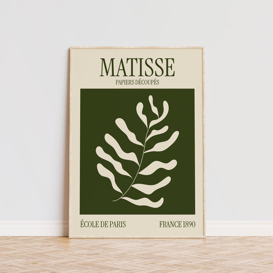 Cuadro en blanco y verde, diseño botánico estilo Matisse para decoración de interiores.