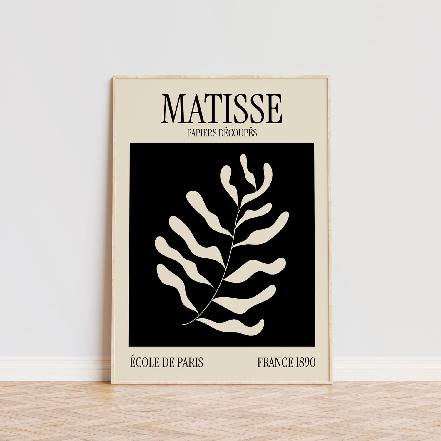 Cuadro en blanco y negro, diseño botánico estilo Matisse para decoración de interiores.