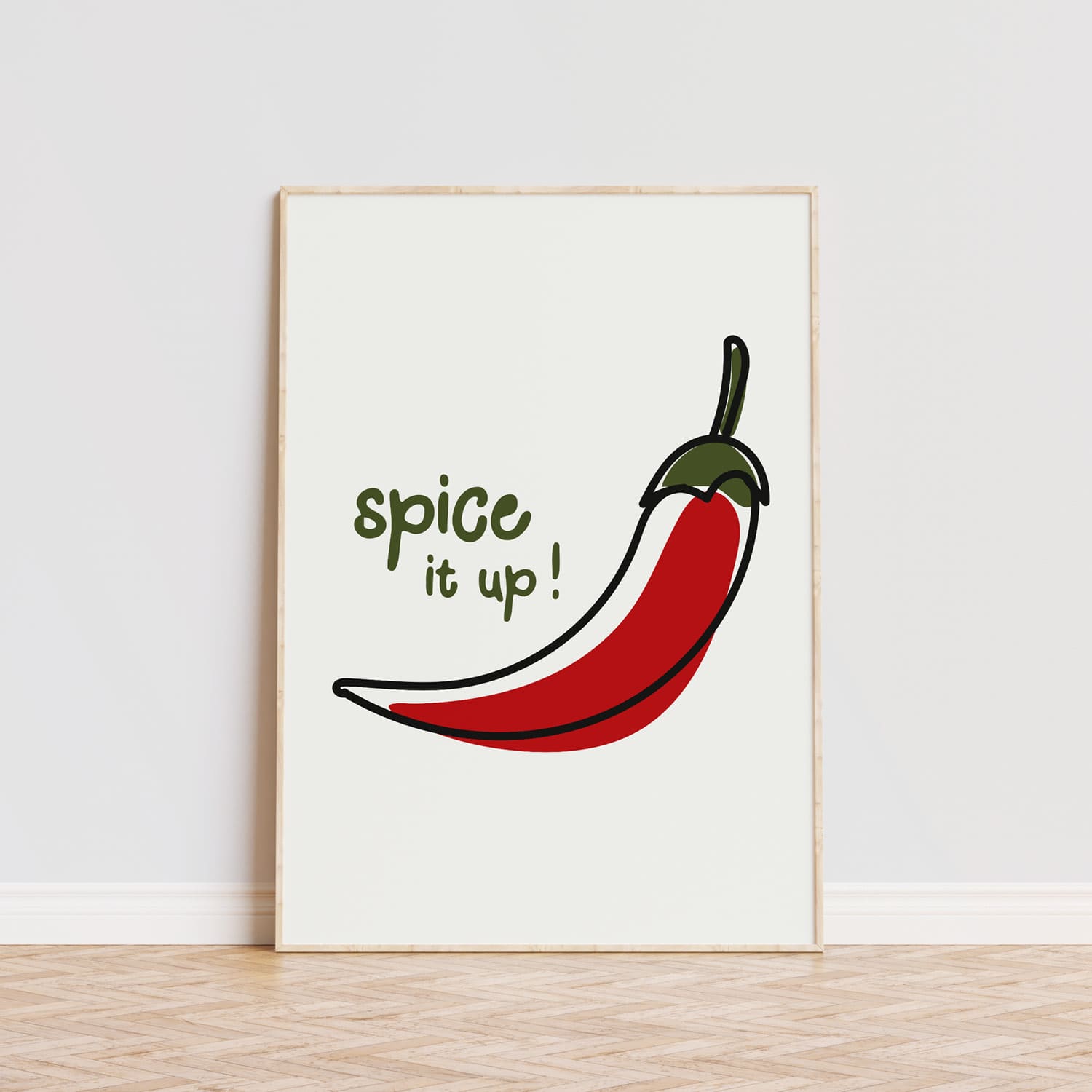 Lámina decorativa picante con una ilustración de un chile rojo ardiente, delineado en negro con tallo verde oscuro, acompañada del mensaje 'Spice it up!' en una tipografía desenfadada verde oliva. Fondo blanco que realza el diseño audaz y enérgico, ideal para darle sabor a cocinas, comedores o restaurantes. Perfecto para amantes de la comida picante, chefs creativos o cualquier espacio que necesite un toque atrevido y divertido. Disponible en varios tamaños y estilos.